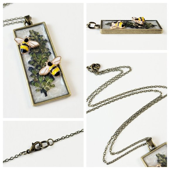 Floral Bee Pendant Necklace Pressed Dried Flowers 3D Bumble Bees Rectangle Bezel - Picture 5 of 10